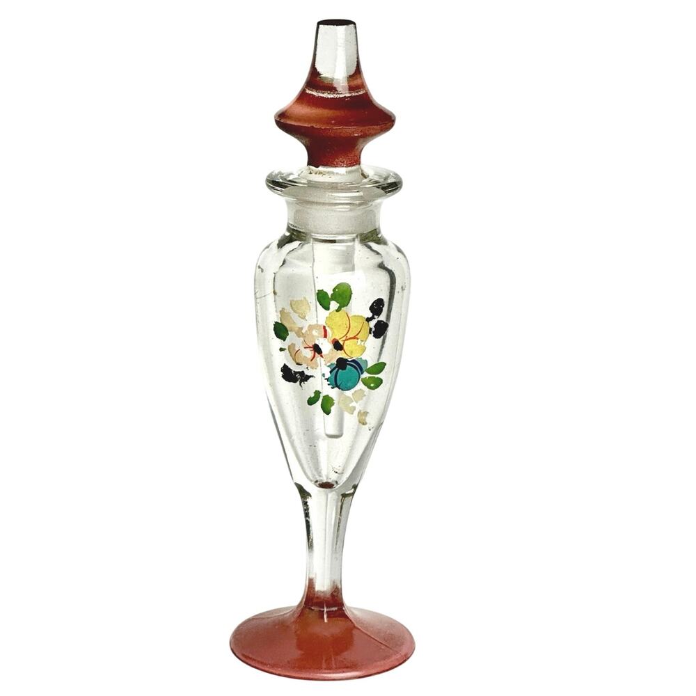 Vintage MCM Bohemian style pedestal perfume bottle original stopper hand painted